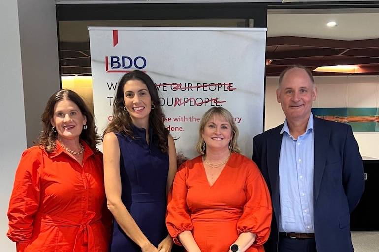 SBE Australia's CEO Nicole Cook; director of community/services Carmen Pascoe, and programs director Sarah Curtis-Fawley, with BDO’s global leader, fintech, Tim Amam.