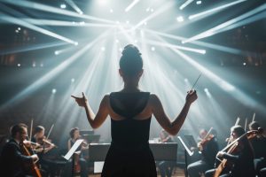 Female conductor leads an orchestra