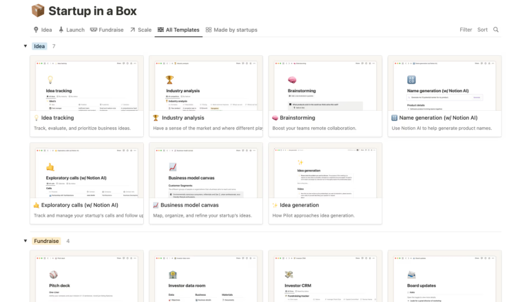 Notion's Startup in a Box templates are designed with early-stage startups in mind. Image: Notion.